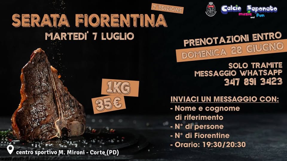 Evento La Notte Delle Fiorentine! @Calcio Saponato Music & Fun – Corte Di Piove Di Sacco Locandina La Notte Delle Fiorentine! @Calcio Saponato Music & Fun – Corte Di Piove Di Sacco - martedì 7 luglio ore 19:30 - 21:30