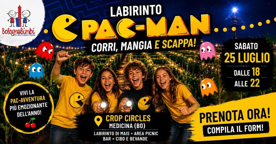 Evento Labirinto Pacman al Crop Circles evento per famiglie e bambini il 25 luglio Locandina Labirinto Pacman al Crop Circles evento per famiglie e bambini il 25 luglio - sabato 25 luglio ore 18:00 - 22:00