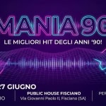 Mania 90 live al Public House Potrebbe essere un'immagine raffigurante il seguente testo "MANIA 90 LE MIGLIORI HIT DEGLI ANNI '90! SABATO 27 27 GIUGNO PUBLIC HOUSE FISCIANO ORE 22:30 ORE22:30INIZIO INIZIO Via Giovanni Paolo II, Fisciano (SA) PER PRENOTAZIONI: Tel.089958342 Tel. 089 958342"