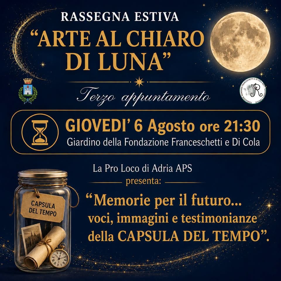 Evento memorie per il futuro…voci, immagini e testimonianze della capsula del tempo Locandina memorie per il futuro…voci, immagini e testimonianze della capsula del tempo - giovedì 6 agosto ore 21:30 - 23:30