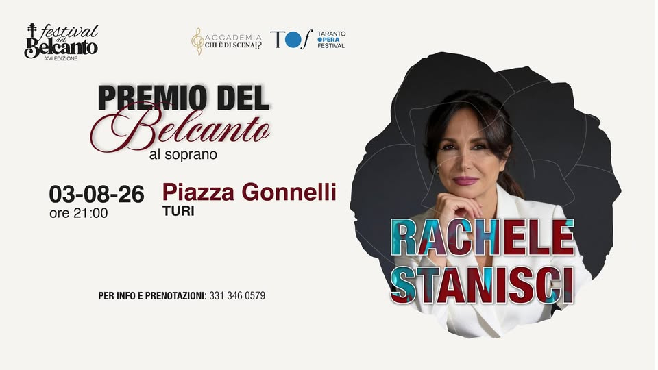 Evento Premio del Belcanto al soprano Rachele Stanisci Locandina Premio del Belcanto al soprano Rachele Stanisci - lunedì 3 agosto ore 21:00 - 23:00