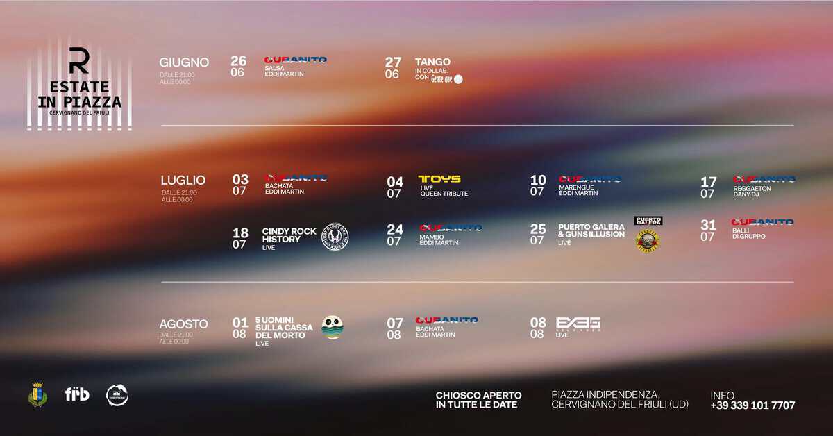 Evento Restate In Piazza Cervignano Del Friuli Dal 16 Giugno All’8 Agosto Locandina Restate In Piazza Cervignano Del Friuli Dal 16 Giugno All’8 Agosto - venerdì 26 giugno ore 21:00 - 23:00