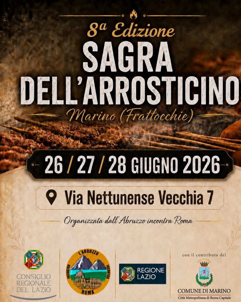 Evento Sagra dell’Arrosticino a Frattocchie (Marino) – 8a Edizione Locandina Sagra dell’Arrosticino a Frattocchie (Marino) – 8a Edizione - da venerdì 26 giugno - domenica 28 giugno 2026 ore 18:00 ore 23:55