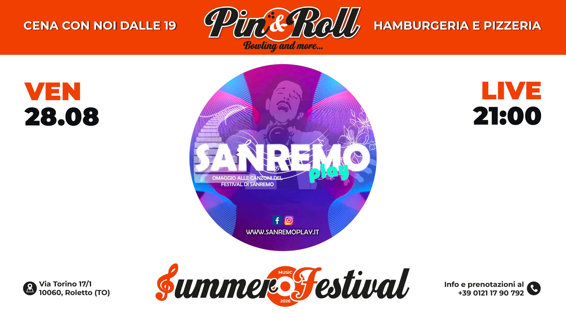 Evento Sanremo Play 28.08 – Summer Music Festival 2026 Locandina Sanremo Play 28.08 – Summer Music Festival 2026 - venerdì 28 agosto ore 21:00 - 23:00