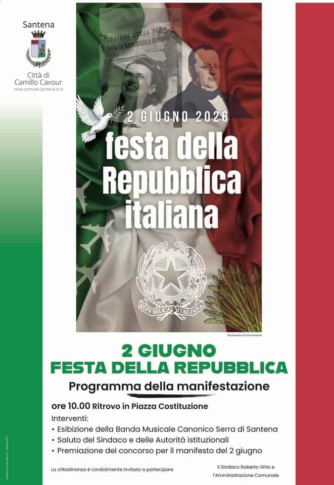 Evento Santena celebra il 2 Giugno Festa della Repubblica Italiana Locandina Santena celebra il 2 Giugno Festa della Repubblica Italiana - martedì 2 giugno ore 10:00 - 12:00