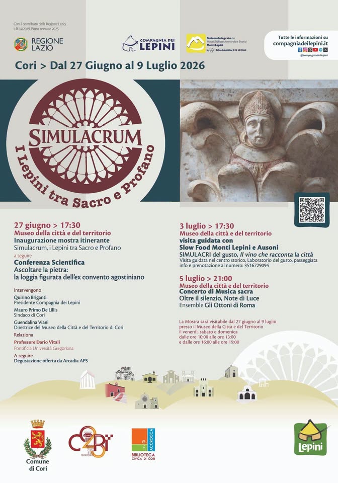 Evento Simulacrum I Lepini tra sacro e profano. La mostra itinerante a Cori. Locandina Simulacrum I Lepini tra sacro e profano. La mostra itinerante a Cori. - da sabato 27 giugno - giovedì 9 luglio 2026 ore 10:00 ore 19:00