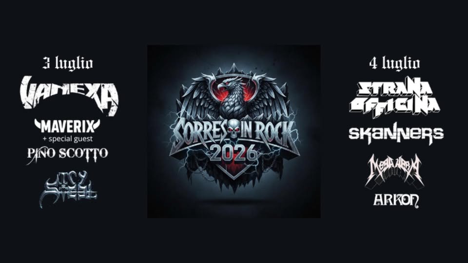 Evento Sorres In Rock 2026 Locandina Sorres In Rock 2026 - da venerdì 3 luglio - sabato 4 luglio 2026 ore 16:00 ore 23:45
