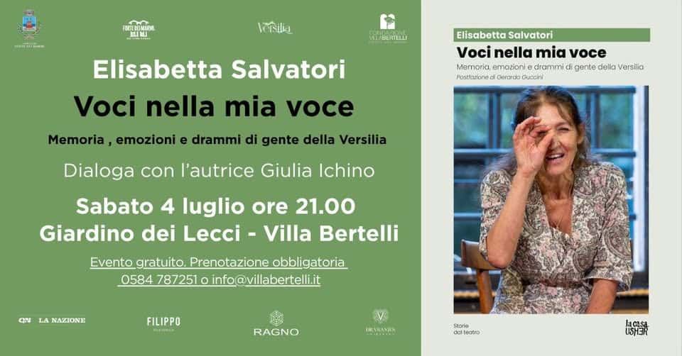 Evento “Voci nella mia voce”. Memorie, emozioni e drammi di gente della Versilia di Elisabetta Salvatori Locandina “Voci nella mia voce”. Memorie, emozioni e drammi di gente della Versilia di Elisabetta Salvatori - sabato 4 luglio ore 21:00 - 23:00