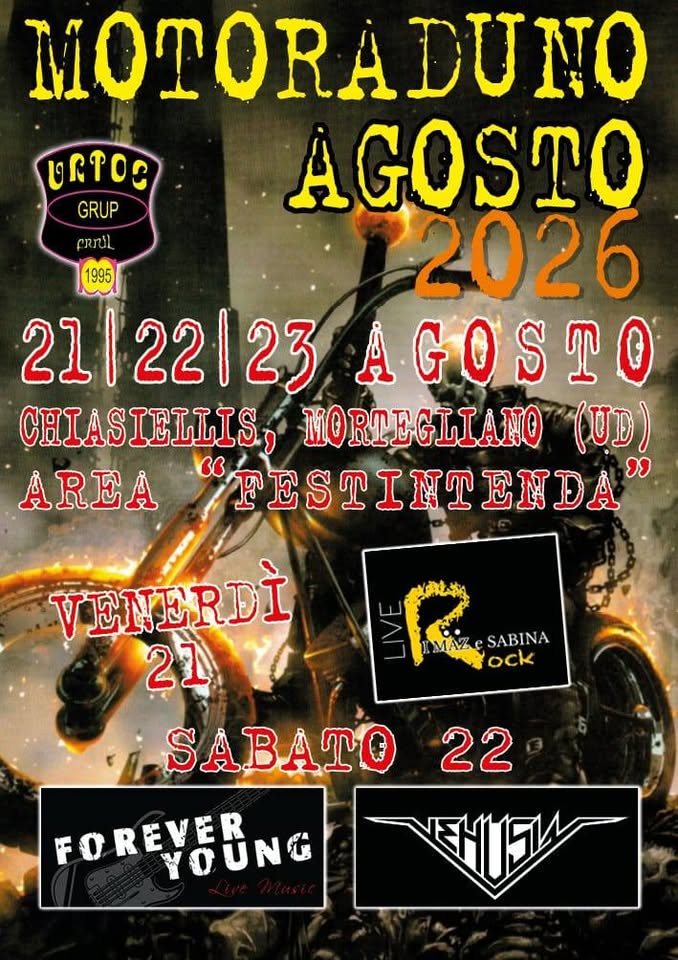 Evento 31° Motoraduno Urtos Locandina 31° Motoraduno Urtos - da venerdì 21 agosto - domenica 23 agosto 2026 ore 15:00 ore 16:00