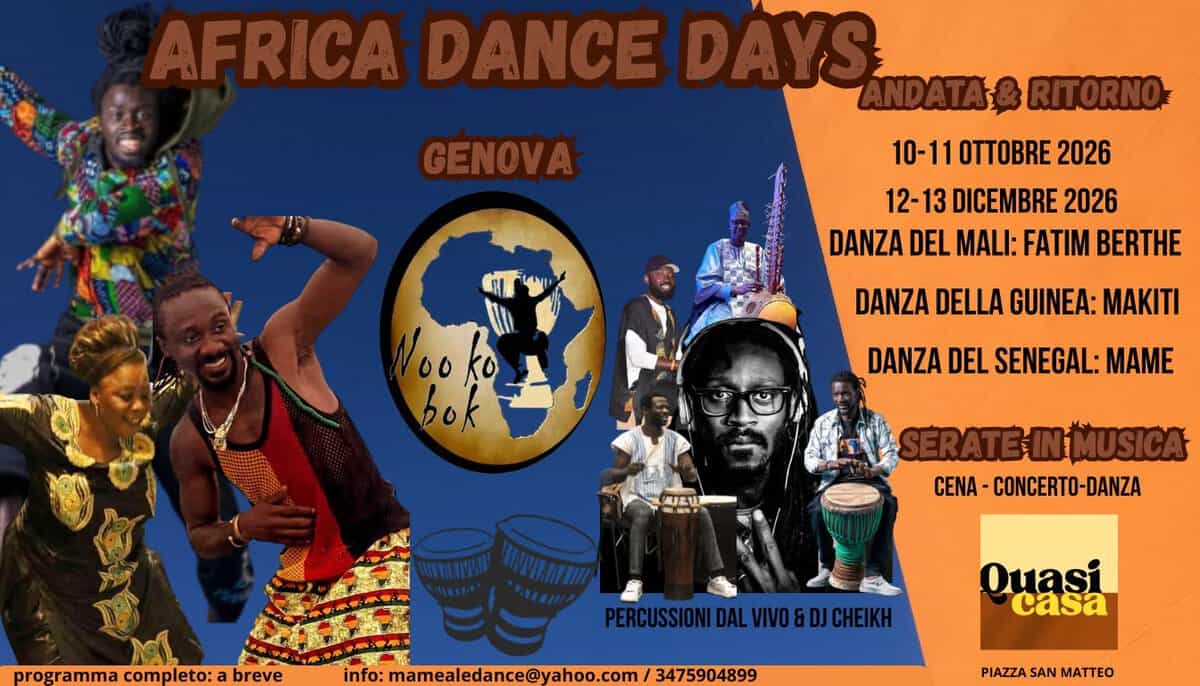 Evento Africa Dance Days – Andata & Ritorno – Genova Locandina Africa Dance Days – Andata & Ritorno – Genova - da sabato 10 ottobre - domenica 11 ottobre 2026 ore 14:00 ore 17:00
