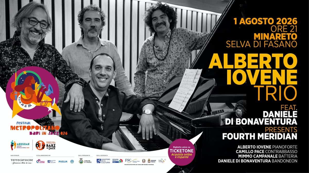 Evento ALBERTO IOVENE trio per Bari in Jazz 2026 Locandina ALBERTO IOVENE trio per Bari in Jazz 2026 - sabato 1 agosto ore 21:00 - 22:30