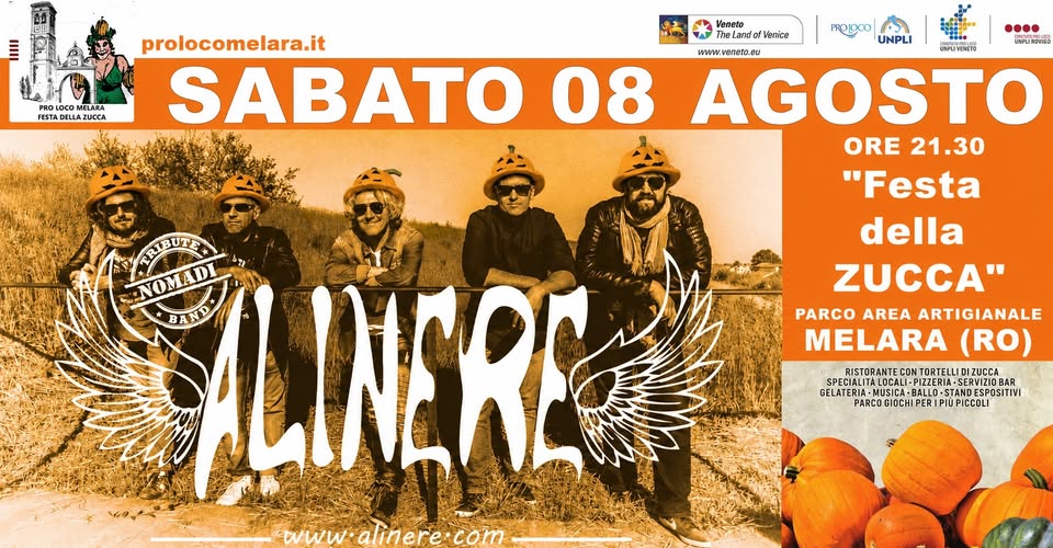 Evento Alinere In Concerto Alla Festa Della Zucca 2026 Di Melara (Ro) Locandina Alinere In Concerto Alla Festa Della Zucca 2026 Di Melara (Ro) - sabato 8 agosto ore 21:30 - 23:30