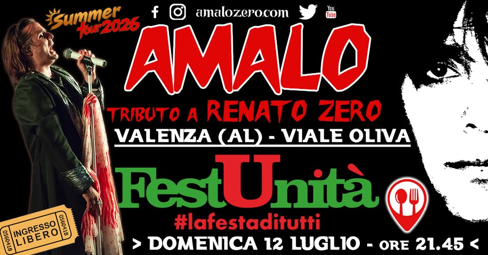 Evento AMALO – Renato Zero tribute – FestUnità – Valenza (AL) Locandina AMALO – Renato Zero tribute – FestUnità – Valenza (AL) - domenica 12 luglio ore 21:45 - 23:45