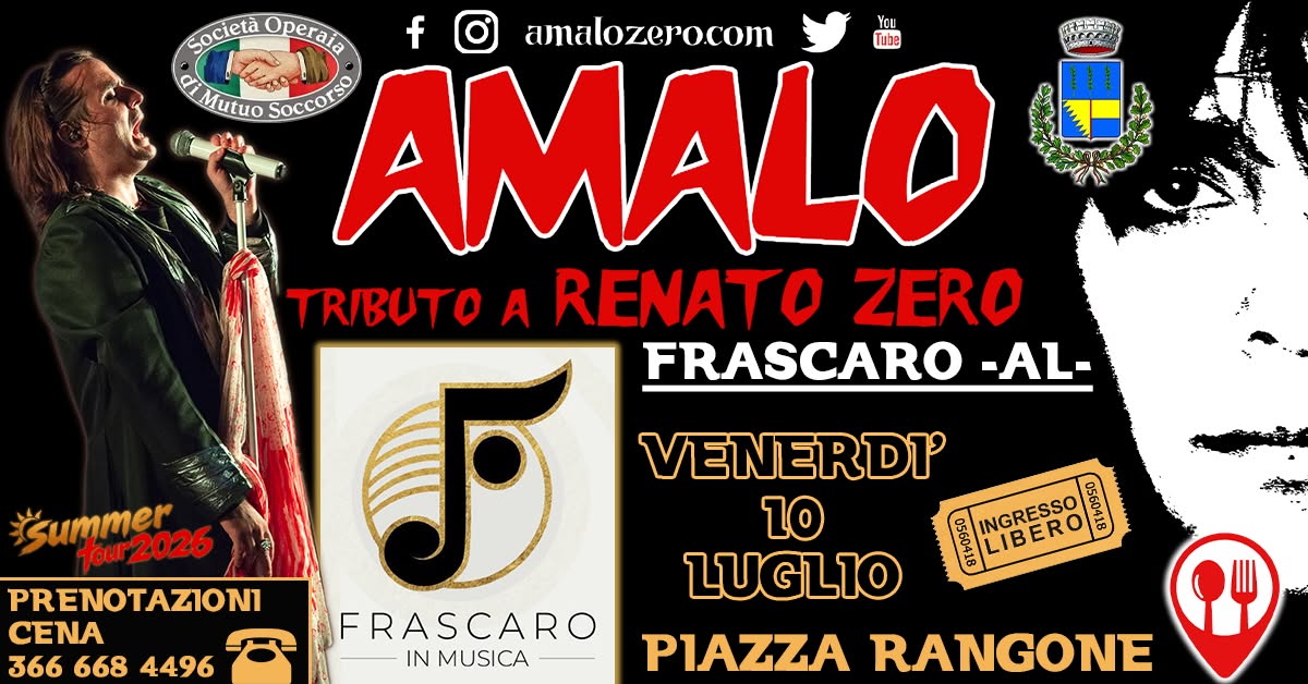 Evento AMALO – Renato Zero tribute – Frascaro in Musica 2026 – Frascaro (AL) Locandina AMALO – Renato Zero tribute – Frascaro in Musica 2026 – Frascaro (AL) - giovedì 31 dicembre ore 21:30 - 23:30