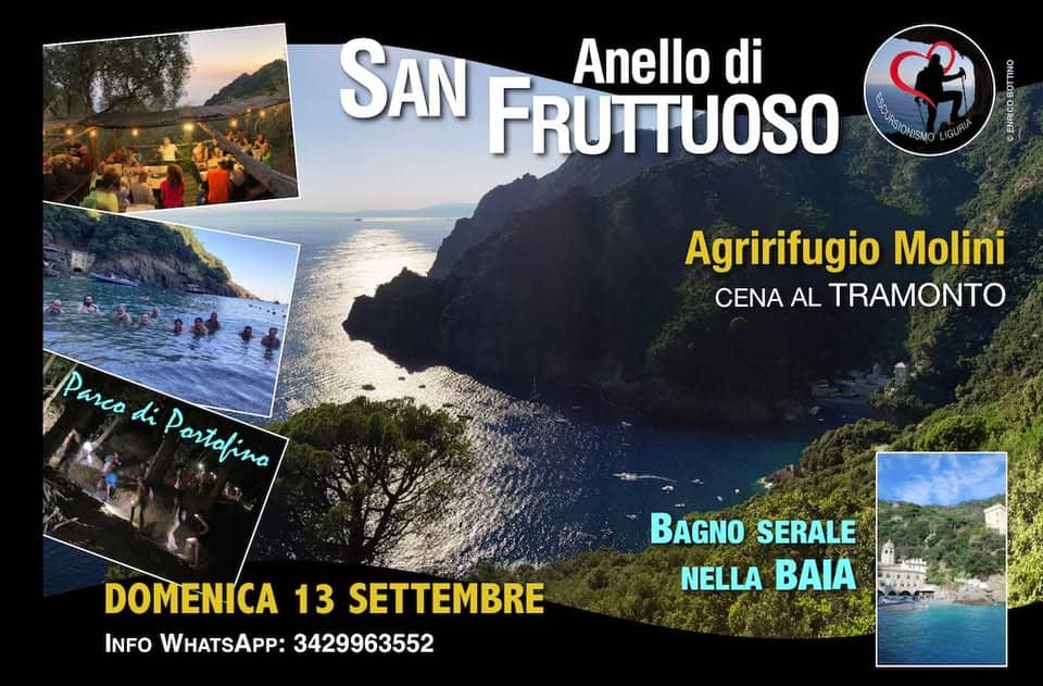 Evento Anello di San Fruttuoso, bagno serale nella baia, cena al tramonto all’Agririfugio Molini, rientro Locandina Anello di San Fruttuoso, bagno serale nella baia, cena al tramonto all’Agririfugio Molini, rientro - domenica 13 settembre ore 15:00 - 22:00
