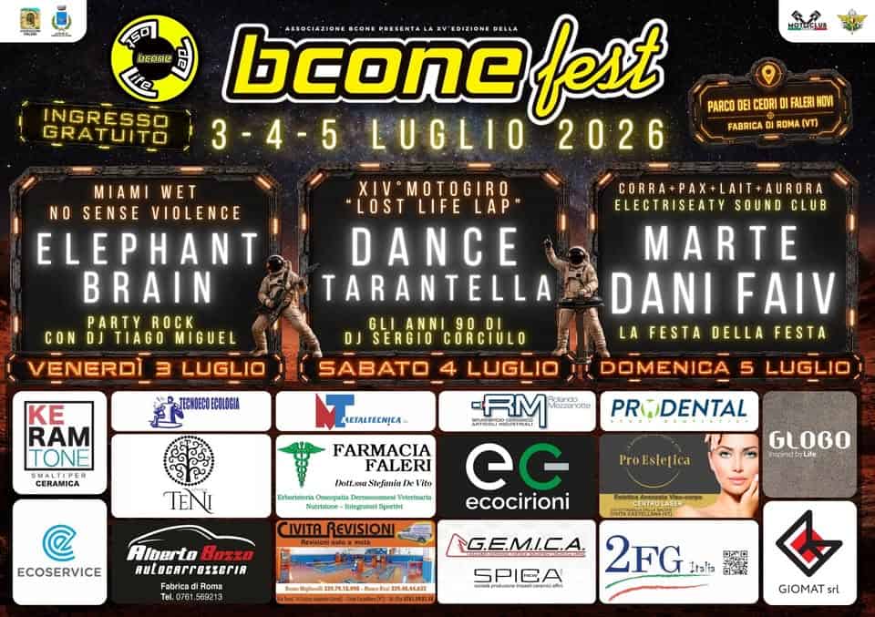 Evento BCONEFEST 2026 – Elephant Brain Motogiro Dance Tarantella Marte Dani Faiv – FREE ENTRY Locandina BCONEFEST 2026 – Elephant Brain Motogiro Dance Tarantella Marte Dani Faiv – FREE ENTRY - da venerdì 3 luglio - domenica 5 luglio 2026 ore 19:00 ore 23:55