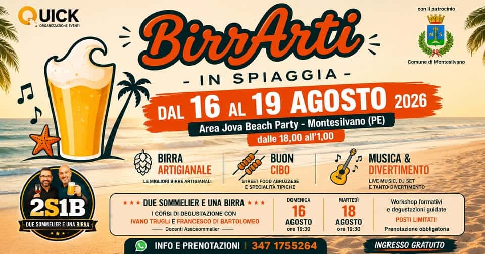 Evento BirrArti – In Spiaggia 2026 Birra Artigianale, Street Food & Musica Live Locandina BirrArti – In Spiaggia 2026 Birra Artigianale, Street Food & Musica Live - da domenica 16 agosto - mercoledì 19 agosto 2026 ore 18:00 ore 23:45