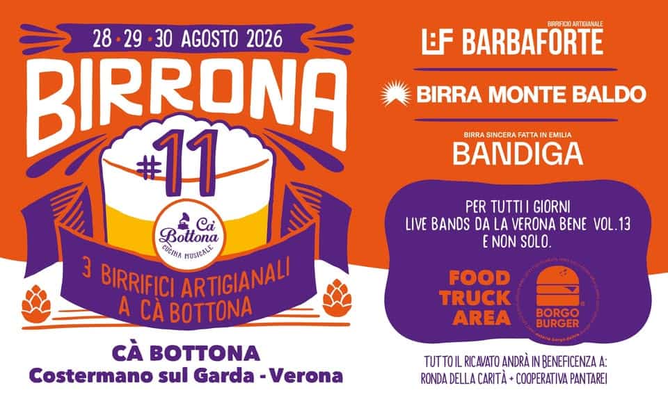 Evento BIRRONA 11 28 – 30 Agosto – Ca Bottona (Ingresso libero) Locandina BIRRONA 11 28 – 30 Agosto – Ca Bottona (Ingresso libero) - da venerdì 28 agosto - domenica 30 agosto 2026 ore 19:00 ore 23:00