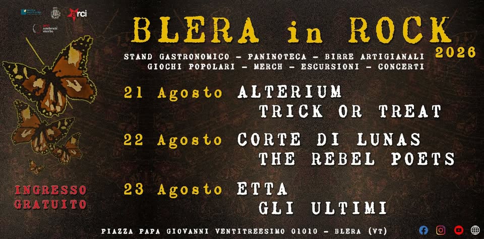 Evento BLERA IN ROCK 2026 – 18esima Edizione Locandina BLERA IN ROCK 2026 – 18esima Edizione - da venerdì 21 agosto - domenica 23 agosto 2026 ore 17:00 ore 23:59