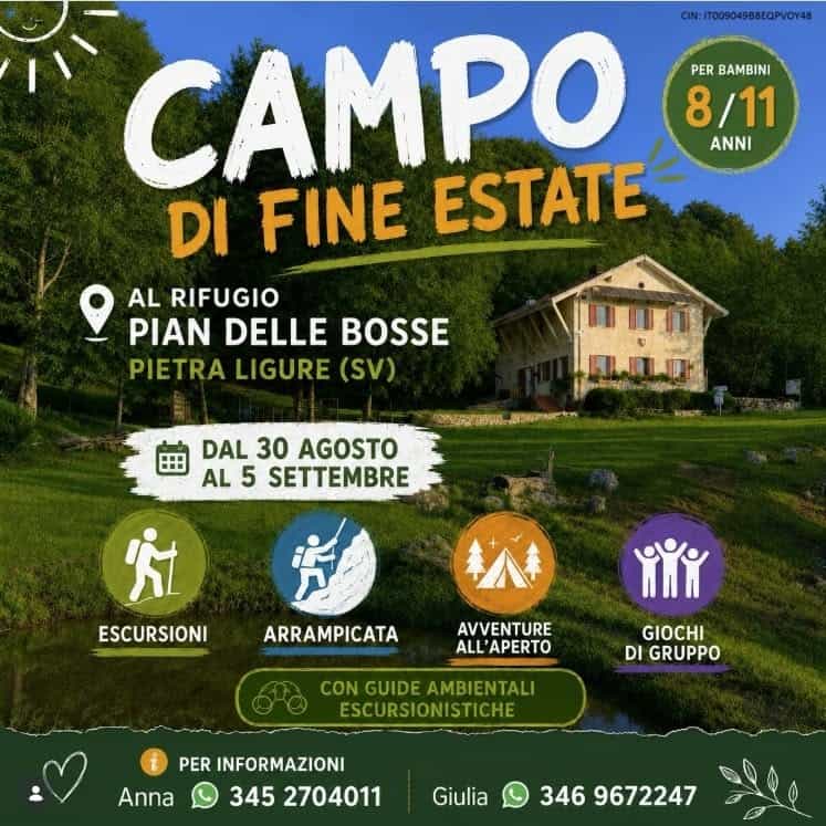 Evento Campo Di Fine Estate Locandina Campo Di Fine Estate - da domenica 30 agosto - sabato 5 settembre 2026 ore 15:30 ore 13:00