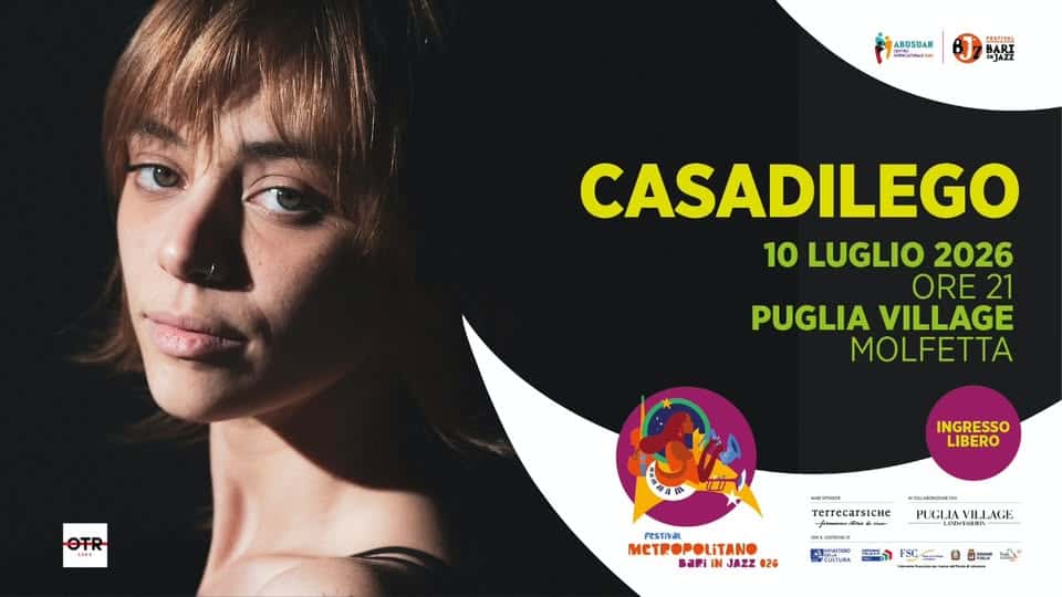 Evento CASADILEGO per Bari in jazz 2026 Locandina CASADILEGO per Bari in jazz 2026 - venerdì 10 luglio ore 21:00 - 23:00