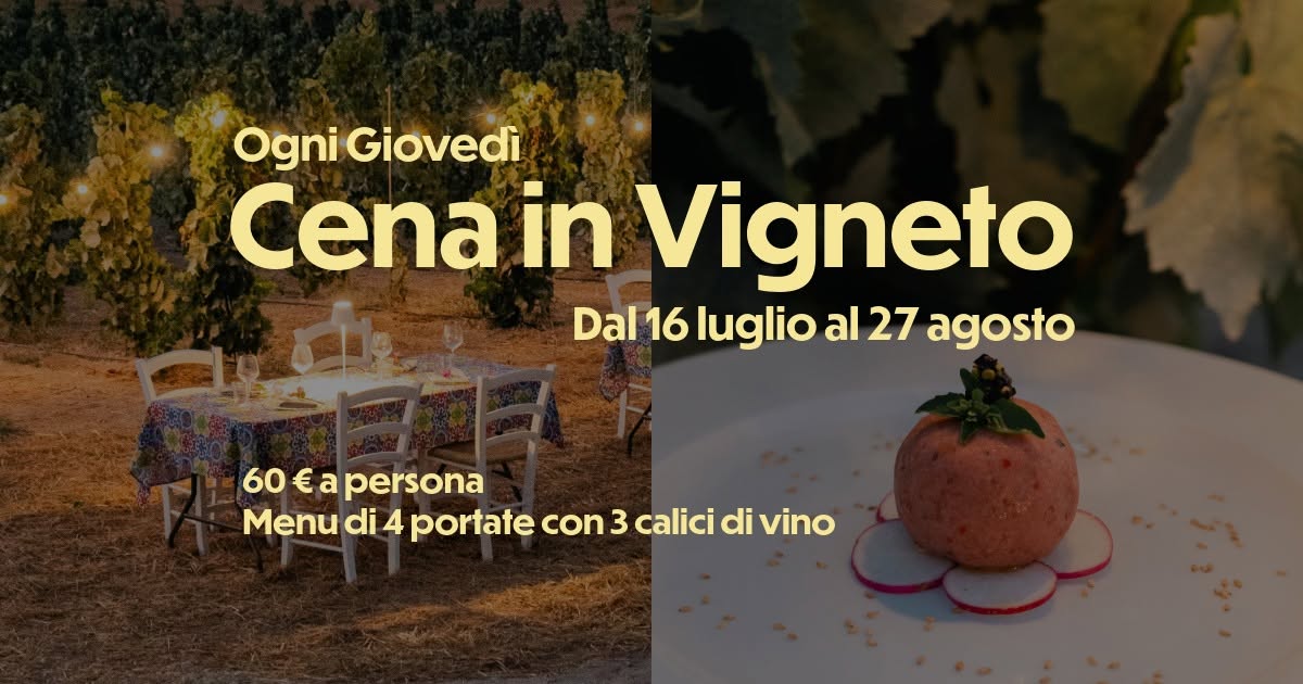 Evento Cena in Vigneto da Kapuhala – Vineyard Dinner at Kapuhala Locandina Cena in Vigneto da Kapuhala – Vineyard Dinner at Kapuhala - da giovedì 16 luglio - lunedì 27 luglio 2026 ore 20:30 ore 23:30