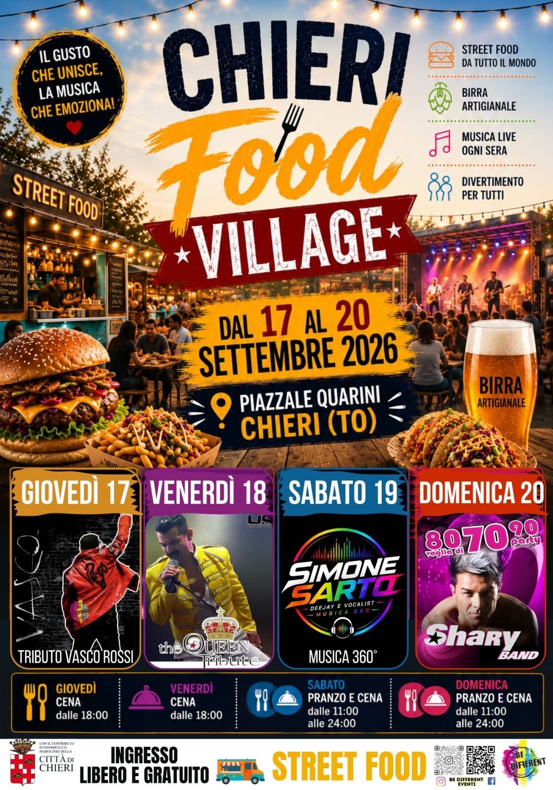 Evento CHIERI (TO) Food Village Piazza Quarino Locandina CHIERI (TO) Food Village Piazza Quarino - da giovedì 17 settembre - domenica 20 settembre 2026 ore 18:00 ore 23:59