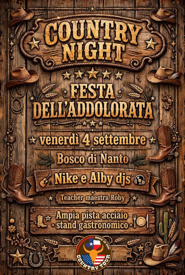 Evento Country Tour 2026 25° anno – Bosco di Nanto (VI) Locandina Country Tour 2026 25° anno – Bosco di Nanto (VI) - venerdì 4 settembre ore 21:00 - 00:30