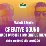Immagine evento CREATIVE SOUND in consolle Dj Simon Dapster e Mc Charlie the voice a Concordia Sagittaria (VE) Potrebbe essere un contenuto grafico raffigurante il seguente testo "Fiera SANTOSTEFANO ANTOSI บูริรไส Martedì 4 Agosto CREATIVE SOUND DJ SIMON DAPSTER E MC CHARLIE H VOICE dalle ore 19:00 alle ore 00:00"