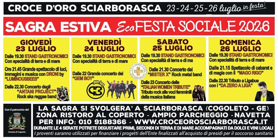 Evento Ecofesta Sociale 2026 la grande SAGRA di Sciarborasca (Ge)! Locandina Ecofesta Sociale 2026 la grande SAGRA di Sciarborasca (Ge)! - da giovedì 23 luglio - domenica 26 luglio 2026 ore 19:30 ore 23:55