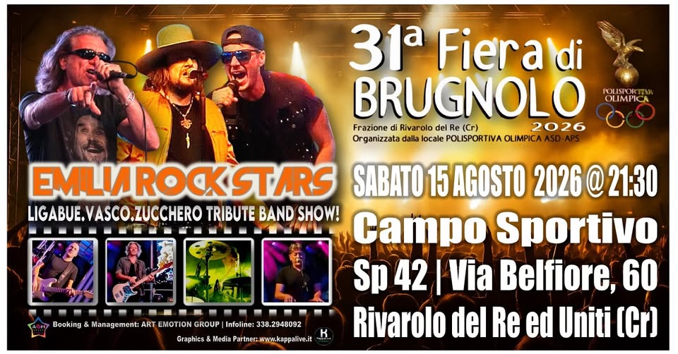 Evento Emilia Rock Stars Live – Brugnolo (Cr) 15 08 2026 Locandina Emilia Rock Stars Live – Brugnolo (Cr) 15 08 2026 - sabato 15 agosto ore 21:30 - 23:30