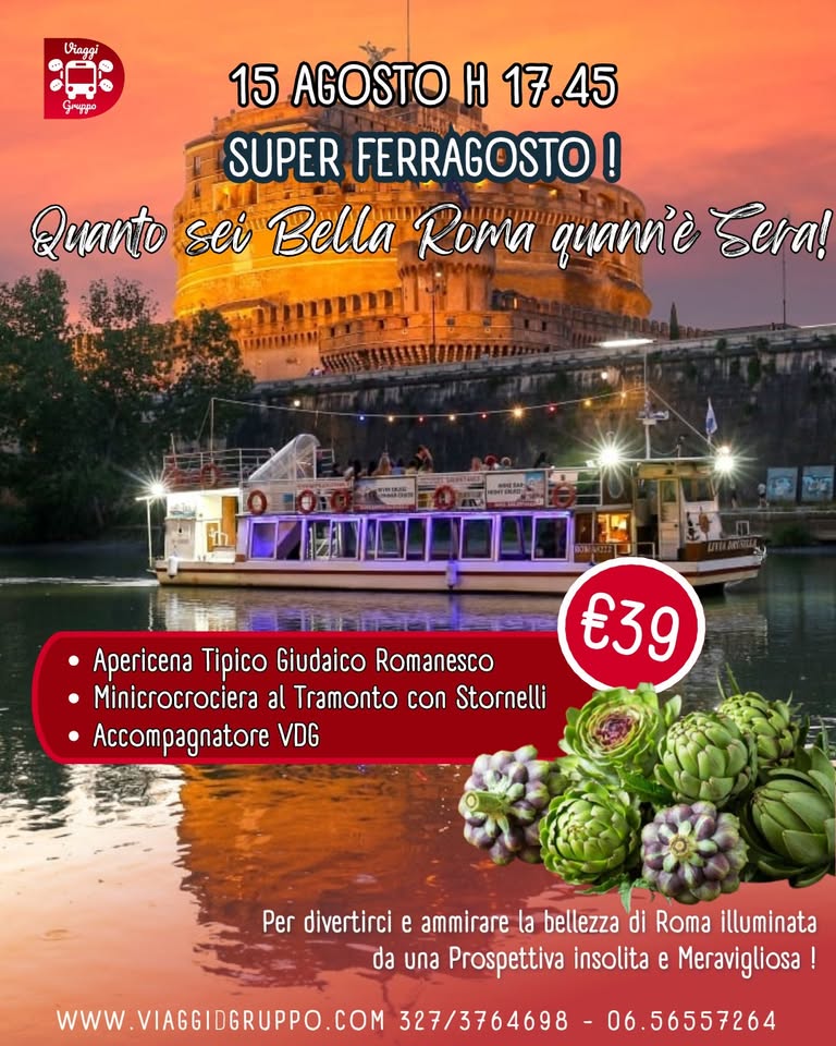Evento Ferragosto A Roma Battello Sul Tevere Al Tramonto E Apericena Tipico E 39 Locandina Ferragosto A Roma Battello Sul Tevere Al Tramonto E Apericena Tipico E 39 - sabato 15 agosto ore 17:45 - 19:45