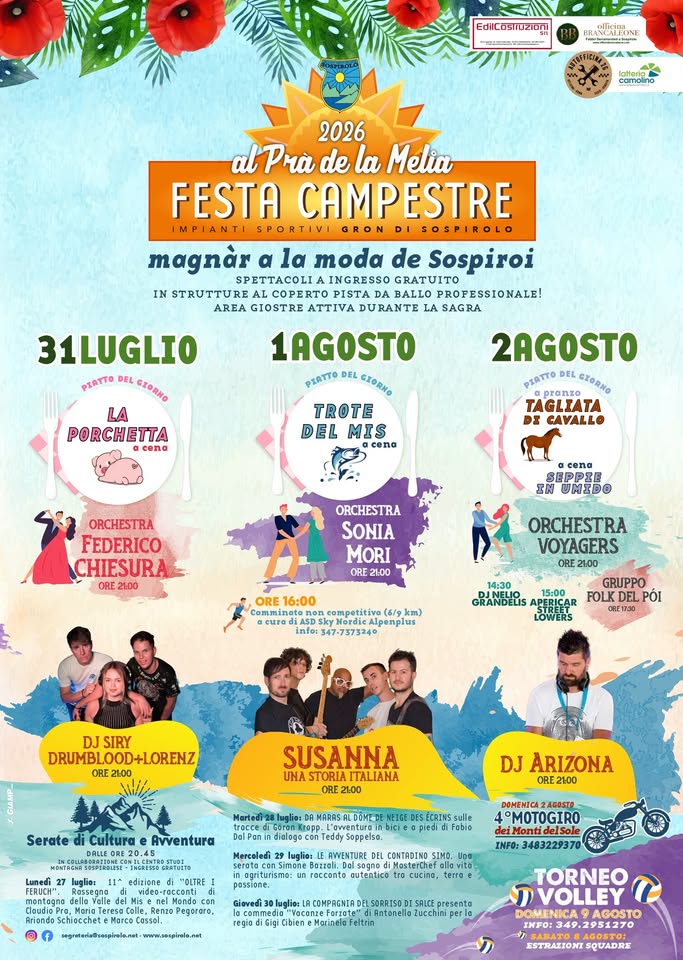 Evento Festa Campestre 2026 @PradelaMelia Locandina Festa Campestre 2026 @PradelaMelia - da lunedì 27 luglio - domenica 2 agosto 2026 ore 20:45 ore 21:00