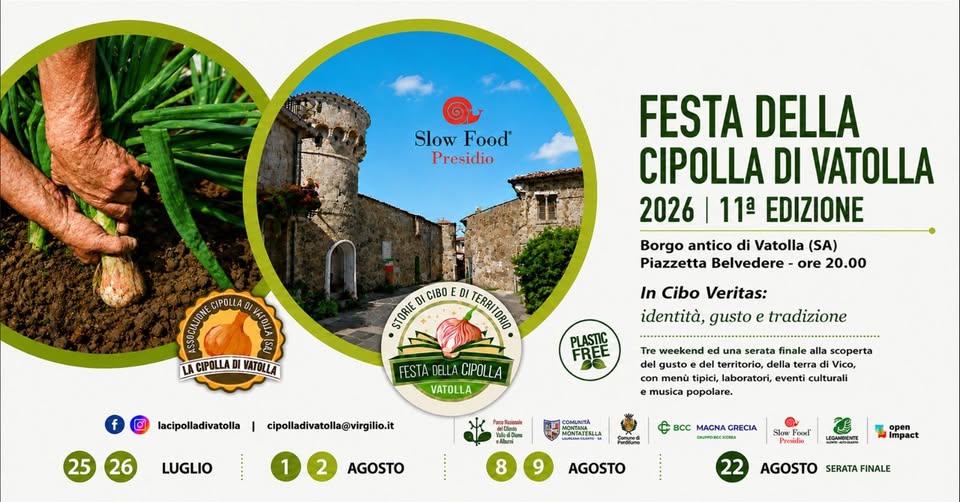 Evento Festa della Cipolla di Vatolla (SA) Locandina Festa della Cipolla di Vatolla (SA) - da sabato 25 luglio - sabato 22 agosto 2026 ore 20:00 ore 23:59