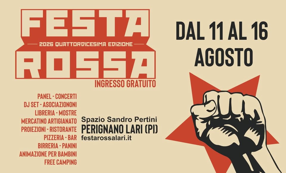 Evento Festa Rossa 2026 – 14Esima Edizione – 11 – 16 Agosto – Perignano – Casciana Terme Lari (Pi) Locandina Festa Rossa 2026 – 14Esima Edizione – 11 – 16 Agosto – Perignano – Casciana Terme Lari (Pi) - da martedì 11 agosto - domenica 16 agosto 2026 ore 18:00 ore 02:00