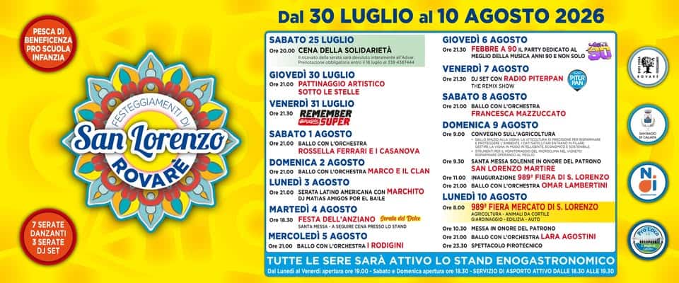Evento Festeggiamenti Di San Lorenzo 2026 – Rovarè Locandina Festeggiamenti Di San Lorenzo 2026 – Rovarè - da giovedì 30 luglio - lunedì 10 agosto 2026 ore 19:00 ore 23:30