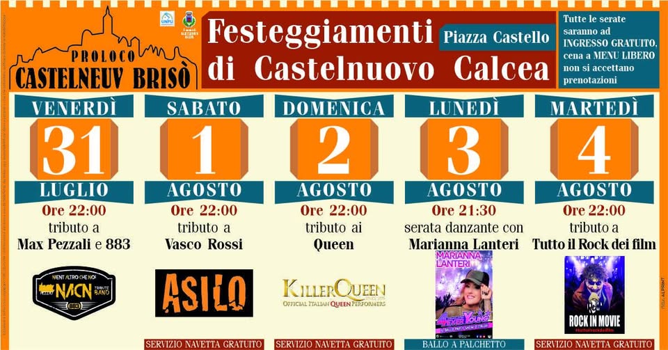 Evento Festeggiamenti patronali 2026 – Castelnuovo Calcea Locandina Festeggiamenti patronali 2026 – Castelnuovo Calcea - da venerdì 31 luglio - martedì 4 agosto 2026 ore 19:00 ore 23:59
