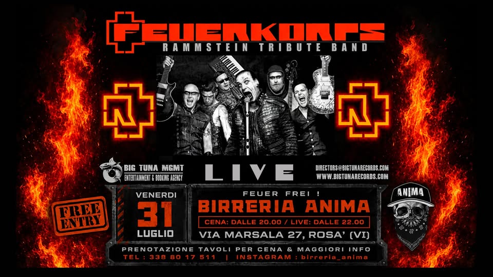 Evento Feuerkorps – Rammstein Tribute @ANIMA(Cena Live) Locandina Feuerkorps – Rammstein Tribute @ANIMA(Cena Live) - venerdì 31 luglio ore 21:45 - 23:45