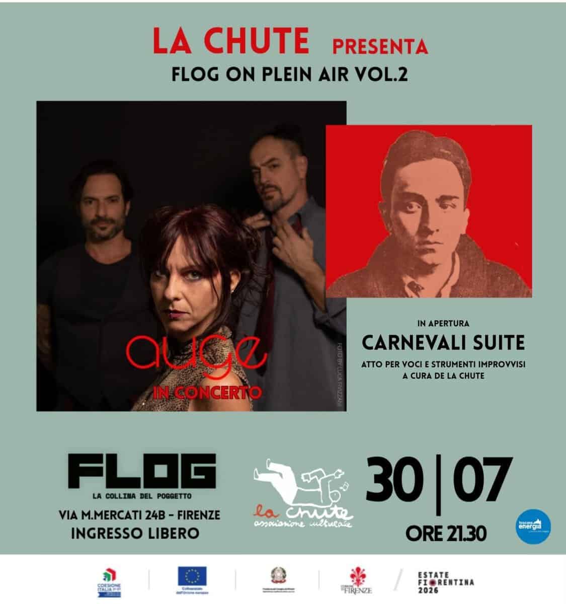 Evento FlogOnPleinAir – AUGE in concerto – in apertura “Carnevali Suite” Locandina FlogOnPleinAir – AUGE in concerto – in apertura “Carnevali Suite” - giovedì 30 luglio ore 21:30 - 23:30