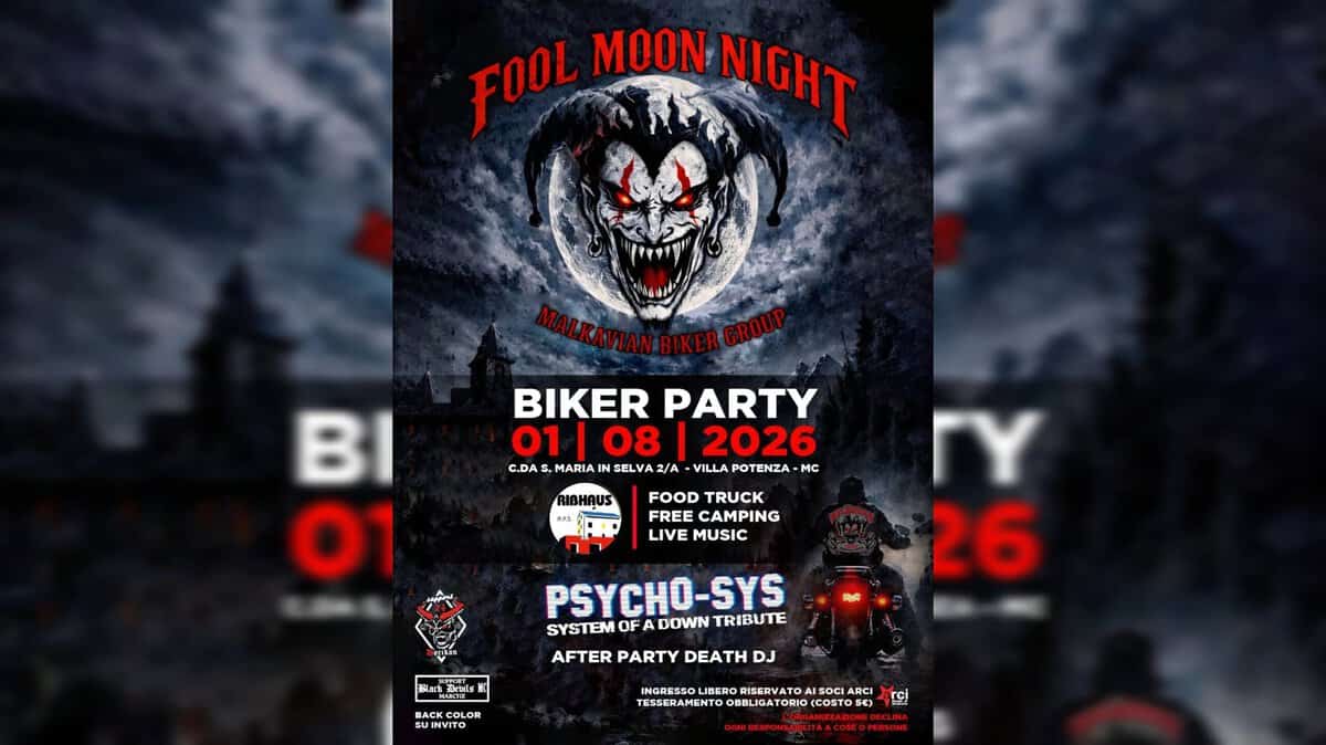 Evento Fool Moon Night Malkavian Biker Party Ft. Psycho – Sys (S.o.a.d. Tribute) Locandina Fool Moon Night Malkavian Biker Party Ft. Psycho – Sys (S.o.a.d. Tribute) - sabato 1 agosto ore 21:00 - 23:00