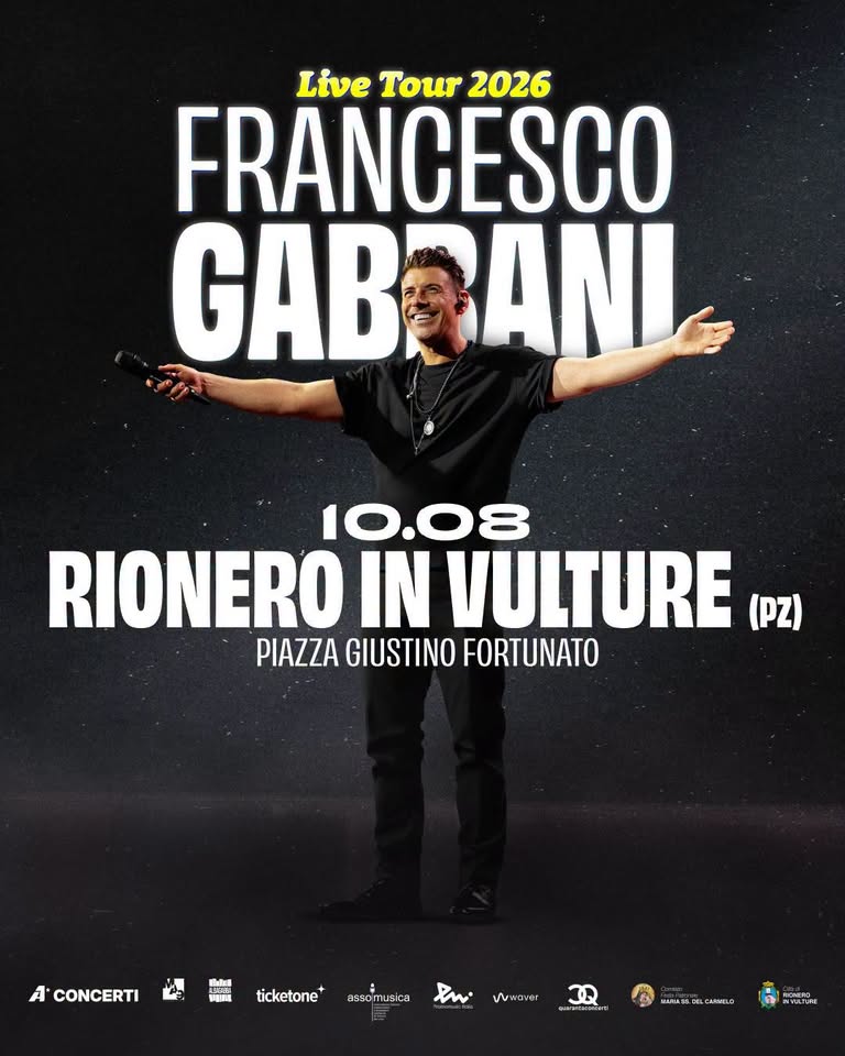 Evento Francesco Gabbani – Piazza G. Fortunato Rionero In Vulture (Pz) – Lun. 10/08/2026 Locandina Francesco Gabbani – Piazza G. Fortunato Rionero In Vulture (Pz) – Lun. 10/08/2026 - lunedì 10 agosto ore 22:00 - 00:00