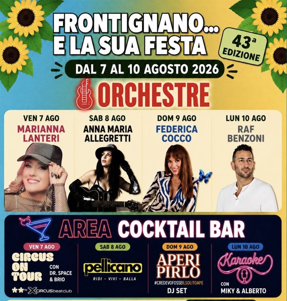 Evento Frontignano e la sua Festa Locandina Frontignano e la sua Festa - da venerdì 7 agosto - lunedì 10 agosto 2026 ore 19:00 ore 23:55