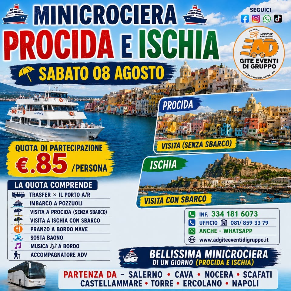 Evento Gita Minicrociera Di Gruppo Procida E Ischia Con Pranzo E Musica A Bordo Sabato 08 Agosto Locandina Gita Minicrociera Di Gruppo Procida E Ischia Con Pranzo E Musica A Bordo Sabato 08 Agosto - sabato 8 agosto ore 06:45 - 20:30