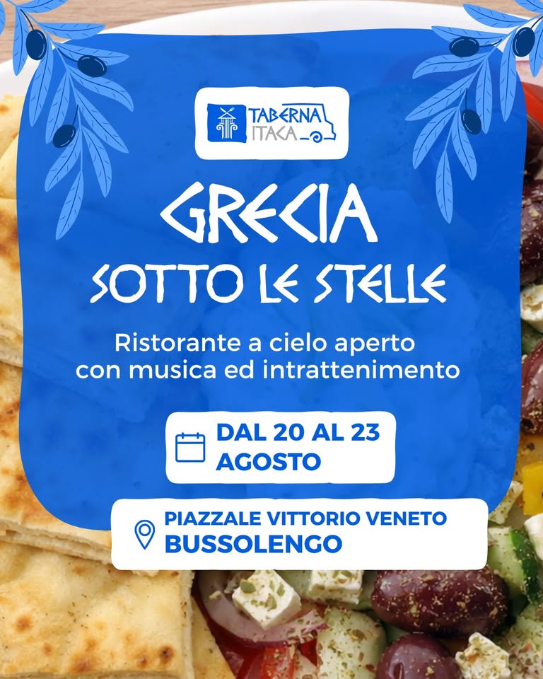 Evento Agorà – La Grecia sotto le Stelle a Bussolengo 2026 Locandina Agorà – La Grecia sotto le Stelle a Bussolengo 2026 - da giovedì 20 agosto - domenica 23 agosto 2026 ore 18:30 ore 21:30