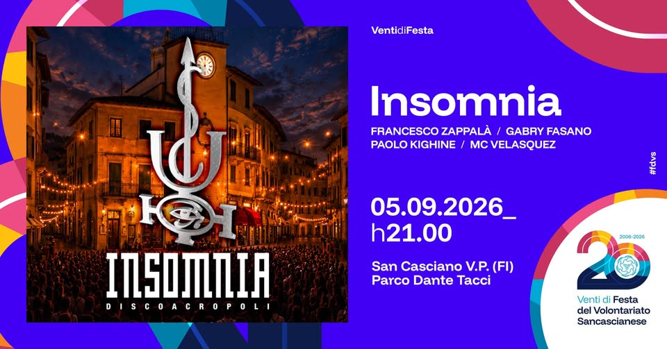 Evento Insomnia Discoacropoli – Festa Del Volontariato Locandina Insomnia Discoacropoli – Festa Del Volontariato - sabato 5 settembre ore 22:00 - 00:00
