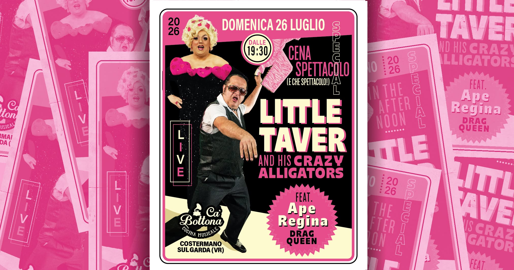 Evento Little Taver And His Crazy Alligators Feat. Ape Regina Drag Queen Locandina Little Taver And His Crazy Alligators Feat. Ape Regina Drag Queen - domenica 26 luglio ore 19:30 - 23:45