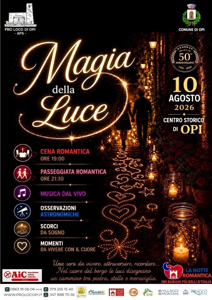 Evento Magia della Luce – OPI 10 agosto 2026 Locandina Magia della Luce – OPI 10 agosto 2026 - lunedì 10 agosto ore 19:00 - 23:55