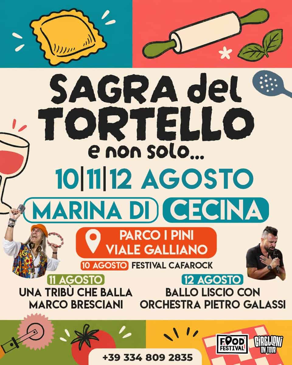 Evento Marina Di Cecina Sagra Del Tortello Food Festival Locandina Marina Di Cecina Sagra Del Tortello Food Festival - da lunedì 10 agosto - mercoledì 12 agosto 2026 ore 19:00 ore 23:30