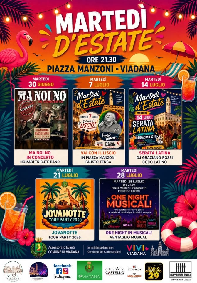 Evento Martedì d’estate a Viadana Locandina Martedì d’estate a Viadana - da martedì 30 giugno - martedì 28 luglio 2026 ore 02:00 ore 23:40