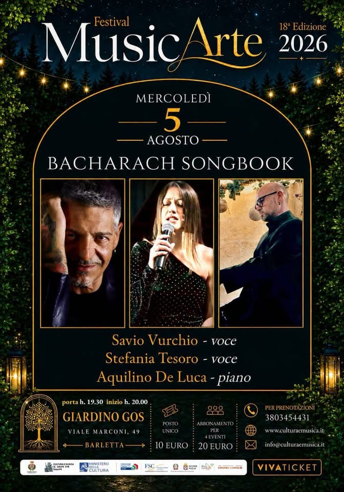 Evento MusicArte 2026 – Bacharach Songbook – S. Vurchio – S. Tesoro voci A. De Luca pf Locandina MusicArte 2026 – Bacharach Songbook – S. Vurchio – S. Tesoro voci A. De Luca pf - mercoledì 5 agosto ore 20:00 - 22:00